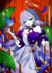 Rule 34 | 1girl, :d, absurdres, bare shoulders, bead bracelet, beads, bird, bracelet, commentary request, cowboy shot, detached sleeves, dress, feathers, green eyes, grey hair, hair intakes, hand up, highres, honkai: star rail, honkai (series), jewelry, long hair, open mouth, purple dress, raxa9501, robin (honkai: star rail), short sleeves, smile, solo, standing, strapless, strapless dress, two-tone dress, very long hair, white dress