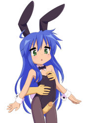 Rule 34 | 1boy, 1girl, absurdres, ahoge, blue hair, blush, censored, cum, ejaculation, flat chest, green eyes, hands on breasts, highres, izumi konata, leotard, lucky star, mosaic censoring, not call, open mouth, penis, playboy bunny, thigh sex