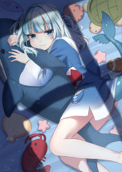 Rule 34 | 1girl, :3, absurdres, blue eyes, blue hair, feet out of frame, fins, fish tail, gawr gura, highres, hololive, hololive english, hood, hoodie, long hair, looking at viewer, lying, nail polish, nil (pixiv 53614557), on side, shadow, shark girl, shark tail, smile, solo, star (symbol), stuffed animal, stuffed fish, stuffed octopus, stuffed shark, stuffed toy, stuffed turtle, tail, two side up, virtual youtuber, white hair