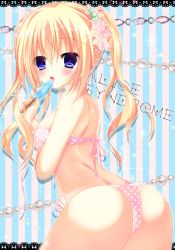Rule 34 | 1girl, ass, bikini, blonde hair, blue eyes, food, from behind, himemiya niina, long hair, original, popsicle, solo, striped, striped background, swimsuit, twintails