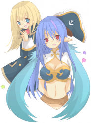 Rule 34 | 00s, 2girls, alternate hairstyle, bad id, bad pixiv id, blonde hair, blue eyes, blue hair, hat, judith (tales), long hair, midriff, multiple girls, nayu (rhododendron), nayu (tsuitta), patty fleur, pointy ears, purple eyes, smile, tales of (series), tales of vesperia, white background