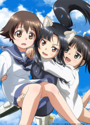 Rule 34 | 3girls, animal ears, black hair, blue ribbon, blue sky, brown eyes, brown hair, carrying, commentary request, day, dog ears, dress, flying, hair ribbon, hattori shizuka, high ponytail, highres, hug, long hair, long sleeves, looking at viewer, military, military uniform, miyafuji yoshika, multiple girls, official art, open mouth, ponytail, ribbon, sailor collar, sailor dress, sakamoto mio, short hair, sky, strike witches, striker unit, uniform, world witches series
