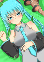 Rule 34 | 1girl, aqua necktie, bare shoulders, baretto (karasi07), blurry, blush, breasts, closed mouth, depth of field, detached sleeves, eyebrows, falling leaves, grass, grey shirt, hand on own stomach, hatsune miku, headphones, headphones removed, highres, large breasts, leaf, long hair, long sleeves, looking at viewer, lying, necktie, on back, plant, shirt, sleeveless, sleeveless shirt, smile, solo, tree, twintails, under tree, upper body, vocaloid, wing collar