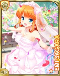 Rule 34 | 1girl, bare shoulders, blue eyes, bow, breasts, card (medium), character name, church, cleavage, collarbone, dress, earrings, flower, girlfriend (kari), gloves, hair ribbon, hair ribbons, jewelry, looking at viewer, medium hair, necklace, official art, open mouth, orange hair, outdoors, outstretched arms, qp:flapper, ribbon, sagara emi, smile, solo, tagme, veil, wedding dress, white bow, white dress