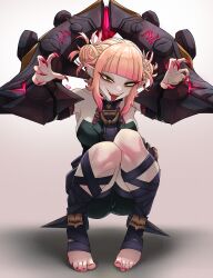 Rule 34 | 1girl, absurdres, blonde hair, blunt bangs, boku no hero academia, breasts, briar (league of legends), briar (league of legends) (cosplay), claw pose, colored skin, cosplay, double bun, earrings, fangs, fingernails, full body, gradient background, hair bun, highres, jewelry, knees, knees up, league of legends, medium breasts, nail polish, no shoes, pointy ears, red nails, shadow, sharp fingernails, sidelocks, simple background, solo, teeth, toeless legwear, toenail polish, toenails, toes, toga himiko, tongue, tongue out, unusualpie, wrist cuffs, yellow eyes