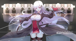 Rule 34 | 1girl, azur lane, black thighhighs, breasts, character name, cleavage, dress, dunkerque (azur lane), english text, eternity (shadeh), gloves, hand up, highres, holding, holding sword, holding weapon, long hair, looking at viewer, medium breasts, open mouth, purple eyes, red gloves, silver hair, solo, standing, sword, thighhighs, weapon