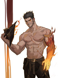 Rule 34 | 1boy, abs, amo (amo9612), bara, belt, biceps, black hair, darius (league of legends), facial hair, fire, hat, heterochromia, highres, league of legends, looking at viewer, male focus, manly, mature male, muscular, muscular male, navel, navel hair, nipples, pants, pectorals, scar, scar across eye, scar on chest, scar on face, scar on stomach, smile, solo, stubble, topless male, yellow eyes