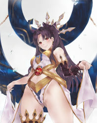 Rule 34 | 1girl, arm warmers, armlet, asymmetrical legwear, asymmetrical sleeves, bare arms, bare legs, bare shoulders, black detached sleeves, black hair, black ribbon, blush, breasts, closed mouth, clothing cutout, cowboy shot, crown, detached sleeves, earrings, fate/grand order, fate (series), female focus, from below, gem, gluteal fold, hair ribbon, highres, holding, hoop earrings, ishtar (fate), jewelry, legs, legs apart, long hair, looking at viewer, looking down, navel, navel cutout, neck ring, parted bangs, red eyes, revealing clothes, ribbon, shiny skin, single sleeve, single thighhigh, small breasts, smile, standing, stomach, strapless, thigh strap, thighhighs, thighlet, thighs, tohsaka rin, tokopi, two side up, type-moon, uneven legwear, uneven sleeves