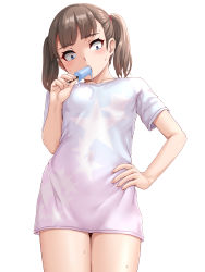 Rule 34 | 1girl, absurdres, blue eyes, blush, constricted pupils, facing viewer, female focus, food, hand on own hip, highres, john doe shinobu, legs together, long hair, long shirt, looking down, original, popsicle, simple background, solo, standing, surprised, sweat, thighs, twintails, white background