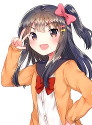 Rule 34 | 1girl, :d, absurdres, arm up, black sailor collar, blush, bow, bowtie, brown cardigan, brown eyes, brown hair, cardigan, dress shirt, fang, hair between eyes, hair bow, hand on own hip, highres, ichihaya, long hair, long sleeves, looking at viewer, one side up, open cardigan, open clothes, open mouth, original, pink bow, red bow, red bowtie, sagara ami, sailor collar, school uniform, serafuku, shirt, simple background, skin fang, sleeves past wrists, smile, solo, upper body, v, v-shaped eyebrows, white background, white shirt, yellow bow