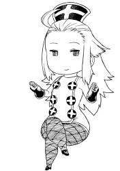 Rule 34 | 1girl, alternate costume, bravely default: flying fairy, bravely default (series), chibi, crossed legs, edea lee, fishnet pantyhose, fishnets, gloves, greyscale, hat, long hair, monochrome, pantyhose, simple background, sitting, smile, solo, thick thighs, thighs, tsukudani (coke-buta), vial