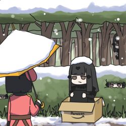 Rule 34 | 1other, 3girls, amazon (company), ambiguous gender, box, bush, cardboard box, commander (girls&#039; frontline), for adoption, forest, girls&#039; frontline, griffin &amp; kryuger military uniform, highres, holding, holding umbrella, homeless, in box, in container, mojamozanari, multiple girls, nature, nyto (generic) (girls&#039; frontline), nyto (girls&#039; frontline), sad, snow, snowing, umbrella