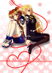 Rule 34 | 2girls, blonde hair, blush, brown hair, couple, embarrassed, fate testarossa, holding hands, happy, heart, high heels, legs, long hair, looking at another, lyrical nanoha, mahou shoujo lyrical nanoha, mahou shoujo lyrical nanoha strikers, military, military uniform, multiple girls, nanashiki, open mouth, pantyhose, purple eyes, red eyes, side ponytail, simple background, sitting, skirt, smile, string, string of fate, surprised, takamachi nanoha, thighhighs, thighs, translation request, uniform, very long hair, yuri