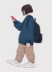 Rule 34 | 1girl, arm at side, backpack, bag, black bag, blue sweater, bob cut, brown hair, brown pants, cellphone, from side, full body, hand up, highres, holding, holding phone, long sleeves, looking at phone, nao97122, nike (company), original, pants, phone, profile, shoes, short hair, simple background, smartphone, sneakers, solo, standing, sweater, walking, white background, white footwear