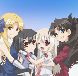 Rule 34 | 4girls, absurdres, aqua eyes, bare shoulders, black hair, blonde hair, blue background, breasts, brown eyes, brown hair, closed mouth, commentary request, elbow gloves, fate/kaleid liner prisma illya, fate (series), gloves, gradient background, grin, hair between eyes, hair ornament, hairclip, hand on another&#039;s shoulder, highres, hug, hug from behind, illyasviel von einzbern, large breasts, light smile, long hair, looking at viewer, luviagelita edelfelt, miyu edelfelt, multiple girls, off shoulder, official art, one eye closed, open mouth, red eyes, red shirt, ribbon, shirt, small breasts, smile, straight hair, tohsaka rin