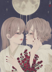 Rule 34 | 2girls, absurdres, blonde hair, blue background, brown eyes, curly hair, eyelashes, face-to-face, floral print, flower, full moon, hair ornament, hand on another&#039;s chest, hand on another&#039;s neck, hand up, highres, japanese clothes, kimono, light blush, long hair, looking at another, matching outfits, moon, multiple girls, nail polish, night, night sky, obi, original, parted lips, print kimono, profile, red flower, red nails, sash, shippou (pattern), short hair, sky, star (sky), straight hair, ushiyama ame, white kimono, x hair ornament, yuri