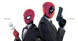 Rule 34 | 2boys, absurdres, artist name, black bow, black bowtie, black gloves, bow, bowtie, character name, chikidney, collared jacket, collared shirt, deadpool, deadpool (series), facing to the side, flower, formal, gloves, gun, handgun, highres, holding, holding flower, holding gun, holding weapon, jacket, male focus, marvel, mask, multiple boys, peter parker, red gloves, shirt, spandex, spider-man, spider-man (series), suit, superhero costume, tuxedo, upper body, weapon, white background