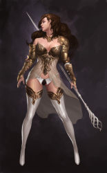 Rule 34 | 1girl, armor, asymmetrical armor, bangku an, bare shoulders, bikini armor, blue eyes, boots, breasts, brown hair, cleavage, collar, female focus, full body, gauntlets, highres, holding, holding staff, large breasts, lips, lipstick, long hair, looking to the side, makeup, neck, panties, pauldrons, profile, red lips, revealing clothes, see-through, shoulder armor, solo, staff, standing, strapless, thigh boots, thighhighs, underwear, vambraces, wavy hair, white footwear
