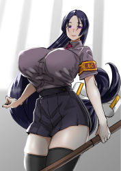 Rule 34 | 1girl, absurdres, alternate costume, armband, black hair, black skirt, black thighhighs, bokken, breasts, collared shirt, commentary request, cowboy shot, curvy, dress shirt, fate/grand order, fate (series), highres, holding, holding weapon, huge breasts, indoors, long hair, looking at viewer, low-tied long hair, low tied hair, minamoto no raikou (fate), miniskirt, parted bangs, parted lips, pleated skirt, purple eyes, red neckwear, school uniform, shirt, short sleeves, skindentation, skirt, smile, solo, standing, summer uniform, sword, thighhighs, thighs, uc (91776165), uniform, very long hair, weapon, wooden sword, zettai ryouiki