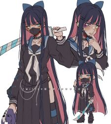 Rule 34 | 1girl, black collar, black footwear, black hair, black nails, black shirt, black skirt, blue bow, blue eyes, blue sailor collar, blunt bangs, blush, bow, bruise, bruise on face, bruised eye, collar, collarbone, criis-chan, ear piercing, earrings, hair bow, hand up, holding, holding stuffed toy, holding weapon, injury, jewelry, long hair, long sleeves, mask, middle finger, mouth mask, multicolored hair, nail polish, panty &amp; stocking with garterbelt, piercing, pink hair, pleated skirt, sailor collar, shirt, simple background, skirt, standing, stocking (psg), stuffed animal, stuffed cat, stuffed toy, teeth, twitter username, two-tone hair, weapon, white background