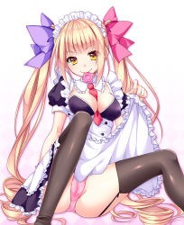 Rule 34 | 1girl, bad id, bad pixiv id, black necktie, black thighhighs, blonde hair, blue bow, bow, breasts, cleavage, clothes lift, condom, condom in mouth, full body, garter straps, hair bow, lifted by self, long hair, maid, maid headdress, mikami sasara, mouth hold, necktie, original, panties, pantyshot, pink bow, pink panties, sitting, skirt, skirt lift, smile, solo, thighhighs, twintails, underwear, very long hair