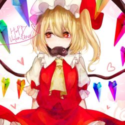 Rule 34 | 1girl, ascot, bad id, bad pixiv id, blonde hair, bow, candy, chocolate, chocolate heart, daimaou ruaeru, flandre scarlet, food, food in mouth, happy valentine, hat, heart, heart-shaped pupils, mouth hold, red eyes, ribbon, short hair, side ponytail, smile, solo, symbol-shaped pupils, touhou, wings