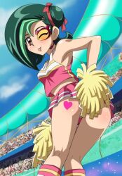 1girl ass audience bad_tag breasts brown_eyes cheerleader crowd female_focus green_hair licking looking_at_viewer looking_back makino_tomoyasu mizuki_kotori_(yuu-gi-ou_zexal) short_hair small_breasts source_request tattoo tongue yu-gi-oh!