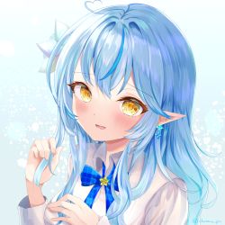 Rule 34 | 1girl, ahoge, blouse, blue bow, blue bowtie, blue hair, blush, bow, bowtie, collared shirt, colored tips, dress shirt, earrings, elf, hair between eyes, twirling hair, heart, heart ahoge, highres, hololive, jewelry, long hair, looking at viewer, multicolored hair, nervous smile, pointy ears, portrait, shirokumo chromu, shirt, simple background, smile, snowflake earrings, solo, streaked hair, twitter username, virtual youtuber, white background, white shirt, yukihana lamy