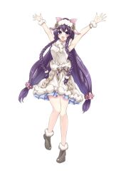 Rule 34 | 1girl, bow, bracelet, braid, breasts, date a live, dress, frilled dress, frills, fur-trimmed dress, fur bracelet, fur trim, grey footwear, hair bow, hands up, happy, highres, jewelry, looking at viewer, medium breasts, open mouth, purple eyes, purple hair, smile, solo, thighs, twin braids, white background, white dress, white wristband, yato hebi, yatogami tooka