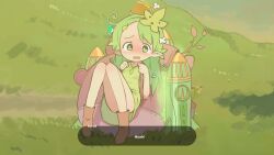 Rule 34 | 1girl, acorn, backpack, bag, boots, brown bag, brown footwear, english text, flower, full body, furrowed brow, glue, green shirt, hair flower, hair ornament, highres, holding strap, humanization, knees to chest, korok, landscape, leaf hair ornament, looking at viewer, mask, mask on head, nintendo, on grass, orenji (orenjipiiru), outline, pointy ears, rocket, shirt, solo, speech bubble, tearing up, the legend of zelda, the legend of zelda: tears of the kingdom, thighs, twig, wavy mouth, zonai device