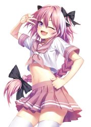 Rule 34 | 1boy, astolfo (fate), astolfo (sailor paladin) (fate), blush, braid, commentary request, fang, fate/apocrypha, fate/grand order, fate (series), hair ribbon, heirou, long hair, looking at viewer, male focus, navel, neckerchief, official alternate costume, open mouth, pink hair, pink neckerchief, pink sailor collar, pink skirt, purple eyes, ribbon, sailor collar, school uniform, serafuku, single braid, skirt, smile, solo, thighhighs, transparent background, trap, v, v over eye, white thighhighs