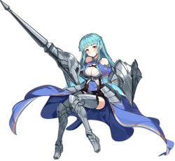 Rule 34 | 1girl, ark order, armor, armored boots, artist request, bare shoulders, black corset, black thighhighs, blue cape, blue hair, boots, bra, braid, breasts, cape, closed mouth, corset, full body, gareth (ark order), grey footwear, holding, holding shield, holding weapon, large breasts, long hair, official art, shield, sitting, solo, tachi-e, thigh boots, thighhighs, transparent background, underwear, weapon, white bra, yellow eyes
