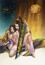 Rule 34 | 1boy, 1girl, bare legs, black hair, brown hair, character request, cony (comicsun), covering privates, covering crotch, curtains, earrings, full body, greatsword, groping, hair ornament, jewelry, jian xia qing yuan (series), jianxia qingyuan (series), jianxia qingyuan online 3, leg up, long hair, nude, ponytail, sword, teeth, watermark, weapon