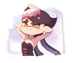 Rule 34 | + +, 1girl, arms behind head, arms up, bare shoulders, black hair, breasts, callie (splatoon), cleavage, closed mouth, coula cat, detached collar, earrings, food, food on head, hair rings, inkling, jewelry, long hair, looking at viewer, mask, mole, mole under eye, nintendo, object on head, orange eyes, pointy ears, small breasts, smile, solo, strapless, symbol-shaped pupils, tentacle hair, upper body