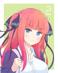 Rule 34 | arm up, bag, black ribbon, blue eyes, blunt bangs, blush, breasts, butterfly hair ornament, cardigan, collarbone, furuhiro, go-toubun no hanayome, green background, hair ornament, handbag, hime cut, large breasts, long hair, looking at viewer, nakano nino, open cardigan, open clothes, partially unbuttoned, pink hair, purple cardigan, ribbon, shirt, solo, twintails, v-shaped eyebrows, white shirt