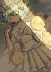 Rule 34 | absurdres, alternate costume, alternate hairstyle, androgynous, bed sheet, blue hair, bow, closed mouth, colored eyelashes, creature, diamond (houseki no kuni), dutch angle, extra eyes, eyelashes, from above, gender request, hair bow, half-closed eye, hand up, highres, hiroshiko (restart), houseki no kuni, japanese clothes, kimono, light, lolita fashion, long sleeves, lying, obi, on back, on bed, one-eyed, one eye closed, sash, short hair, silver hair, solo, tongue, tongue out, two side up, uneven eyes, wa lolita, waking up, white bow, white kimono, wide sleeves
