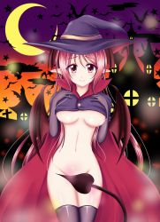 Rule 34 | 1girl, alternate costume, bat (animal), bat wings, black thighhighs, blush, bottomless, breasts, cape, cloud, commentary request, crescent moon, demon tail, elbow gloves, female focus, gloves, halloween, hands on own chest, hat, head wings, highres, house, koakuma, large breasts, long hair, looking at viewer, low wings, moon, navel, night, night sky, pointy ears, red eyes, red hair, reimei (r758120518), sky, smile, solo, star (symbol), tail, tail censor, thighhighs, touhou, underboob, very long hair, wings, witch hat