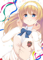 1girl anniversary blonde_hair blue_bow blue_bowtie blue_eyes blush bow bowtie bright_pupils buttons c: cardigan closed_mouth commentary confetti daitoshokan_no_hitsujikai floating_hair hair_between_eyes hairband hands_up happy highres index_finger_raised long_hair long_sleeves looking_at_viewer minase_kaya ok_sign plaid_bow plaid_bowtie plaid_clothes school_uniform simple_background smile solo suzuki_kana upper_body white_background white_hairband yellow_cardigan