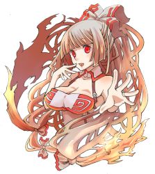 Rule 34 | 1girl, adapted costume, breasts, female focus, fire, fujiwara no mokou, jewelry, long hair, red eyes, ring, silver hair, simple background, solo, touhou, uni mate, upper body