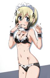 Rule 34 | 1girl, absurdres, bikini, blonde hair, blue eyes, blush, bow, bow bra, bow panties, bra, breasts, chocolate, chocolate on body, choker, cleavage, closed mouth, collarbone, erica hartmann, food on body, frilled bikini, frilled choker, frills, groin, highres, looking at viewer, maid, maid bikini, maid headdress, navel, panties, shiny skin, short hair, simple background, small breasts, solo, standing, strike witches, swimsuit, tokiani, unconventional maid, underwear, wavy mouth, white background, world witches series, wrist cuffs