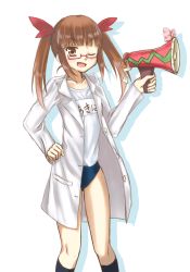 Rule 34 | 10s, 1girl, ;d, absurdres, brown hair, buruma, clothes writing, coat, glasses, gym uniform, highres, idolmaster, idolmaster cinderella girls, ikebukuro akiha, kazari s, kneehighs, lab coat, looking at viewer, name tag, one eye closed, open clothes, open coat, open mouth, shirt, simple background, smile, socks, solo, sportswear, twintails, white background, white shirt
