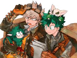 Rule 34 | 2boys, animal, animal on head, animal on lap, animalization, bakugou katsuki, blonde hair, boku no hero academia, brown gloves, brown jacket, chihuahua, closed mouth, commentary request, dog, freckles, gloves, goggles, goggles on head, green eyes, green hair, highres, holding, holding paper, jacket, kai2 ly, male focus, midoriya izuku, multiple boys, official alternate costume, on head, on lap, open mouth, paper, red eyes, sheep, short hair, signature, simple background, sitting, sketch, smile, spiked hair, steampunk, vest, white background
