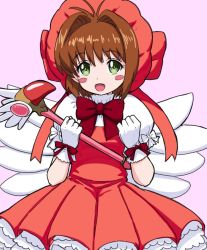 Rule 34 | 1girl, antenna hair, blush stickers, bonnet, bow, brown hair, cardcaptor sakura, commentary, cowboy shot, dress, english commentary, finalcake, fuuin no tsue, gloves, green eyes, hair intakes, kinomoto sakura, looking at viewer, magical girl, pink background, red bow, red dress, short hair, simple background, smile, solo, white gloves, white wings, wings