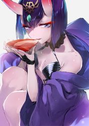 Rule 34 | 1girl, alcohol, bad id, bad twitter id, bare shoulders, blush, breasts, cup, fang, fate/grand order, fate (series), horns, japanese clothes, jewelry, kimono, looking at viewer, oni, open mouth, purple eyes, purple hair, ryokucha (i cobalt), sakazuki, sake, shiny skin, shuten douji (fate), shuten douji (first ascension) (fate), skin-covered horns, solo, wet