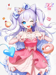 Rule 34 | + +, :d, ;d, absurdres, blue eyes, cake, demon girl, demon tail, doughnut, dress, elsword, fangs, food, fruit, glint, hair between eyes, heart, highres, idol, korean text, long hair, long sleeves, looking at viewer, luciela r. sourcream, macaron, mega cake, microphone, one eye closed, open mouth, pointy ears, ppower (lu power), purple hair, simple background, smile, solo, sparkle, sprinkles, strawberry, tail, teeth, two side up, very long hair, white background