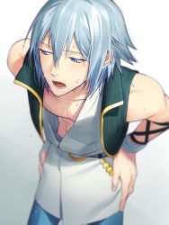 Rule 34 | 1boy, bad id, bad twitter id, bare shoulders, blue eyes, blue hair, blush, bracelet, collarbone, gradient background, hair between eyes, hands on own hips, idolish7, jewelry, leaning forward, looking away, looking to the side, male focus, open mouth, palru s2, pectorals, sleeveless, solo, sweat, yotsuba tamaki