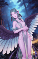Rule 34 | 1girl, artist name, blurry, blurry background, breasts, cleft of venus, colored skin, commentary, covered erect nipples, dress, earrings, english commentary, feather hair ornament, feathered wings, feathers, forest, green eyes, green hair, hair ornament, highres, jewelry, long hair, low wings, mole, mole under mouth, nature, navel, necklace, original, outdoors, own hands together, parted bangs, parted lips, personal ami, pointy ears, purple skin, revealing clothes, silver dress, small breasts, solo, wings