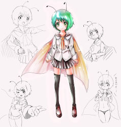 Rule 34 | 1girl, antennae, bad id, bad pixiv id, cape, character sheet, dress shirt, dressing, female focus, green eyes, green hair, matsukaze881, panties, partially colored, pleated skirt, shirt, short hair, sketch, skirt, striped clothes, striped panties, thighhighs, touhou, underwear, white background, wriggle nightbug, zettai ryouiki