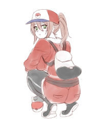 Rule 34 | 1girl, ass, creatures (company), female protagonist (pokemon go), game freak, green eyes, hat, highres, long hair, looking at viewer, nintendo, poke ball, pokemon, pokemon go, ponytail, pout, shorts, simple background, solo, squatting, white background, whoosaku