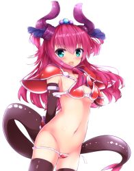 Rule 34 | 1girl, aqua eyes, armor, bikini, bikini armor, black thighhighs, blush, breasts, cape, commentary request, cowboy shot, curled horns, dragon girl, dragon horns, elizabeth bathory (fate), fang, fate/grand order, fate (series), fuuna, hair between eyes, hair ornament, highres, horns, long hair, looking at viewer, navel, open mouth, pauldrons, pink hair, pointy ears, red armor, red bikini, ribbon, shoulder armor, simple background, small breasts, solo, standing, swimsuit, tail, thighhighs, two side up, vambraces, white background, white cape